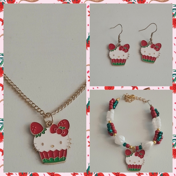 Other - Kitty in a Strawberry Basket Necklace, Earrings & Bracelet Set